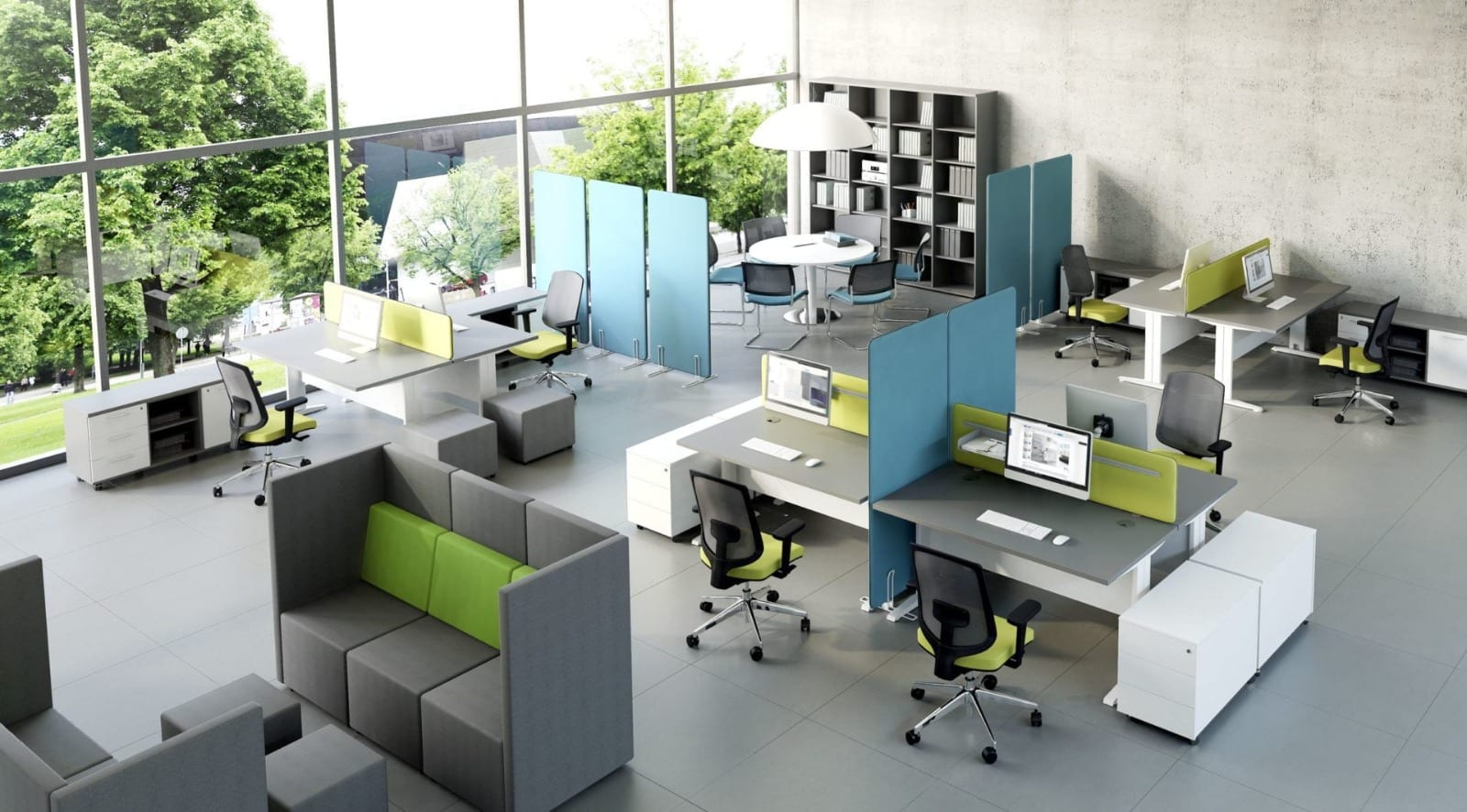 Open space aménagé avec cloisons acoustiques, bureaux et assises colorées — CAP OFFICE